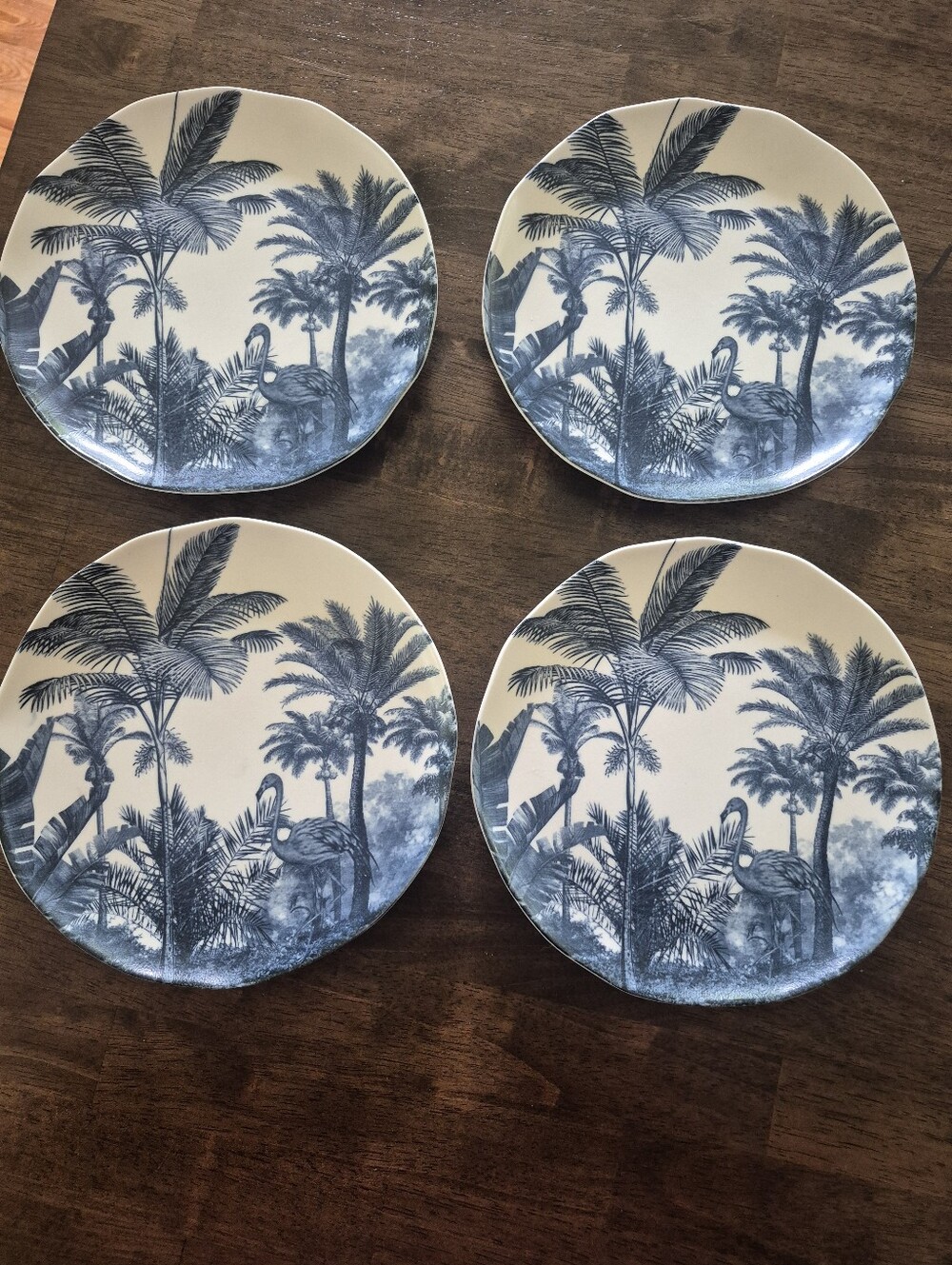 Set of 4 Blue Palm Tree Ceramic Dinner Plates